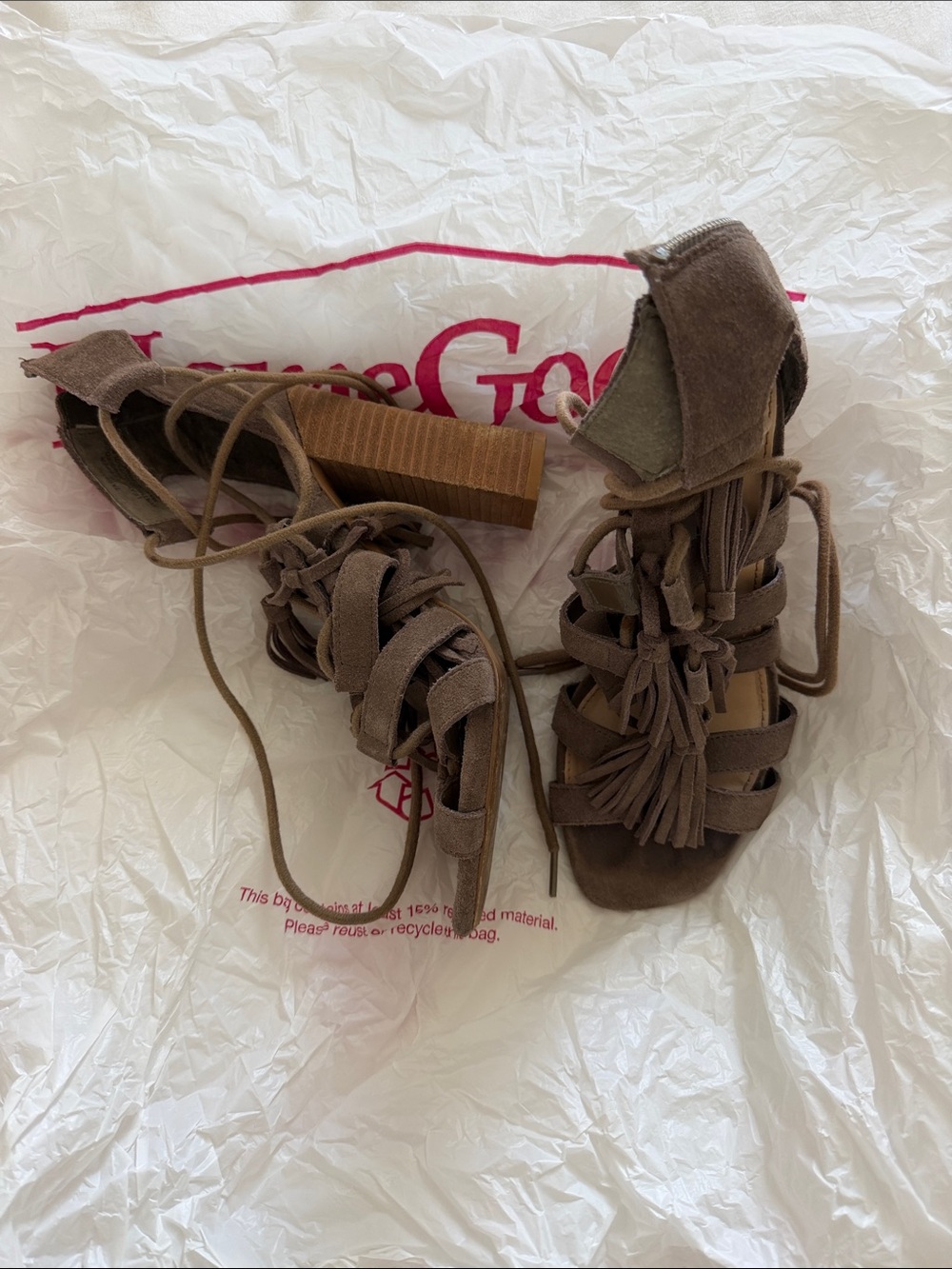 Steve Madden Brown Suede Fringe Lace-Up Block Heel Sandals